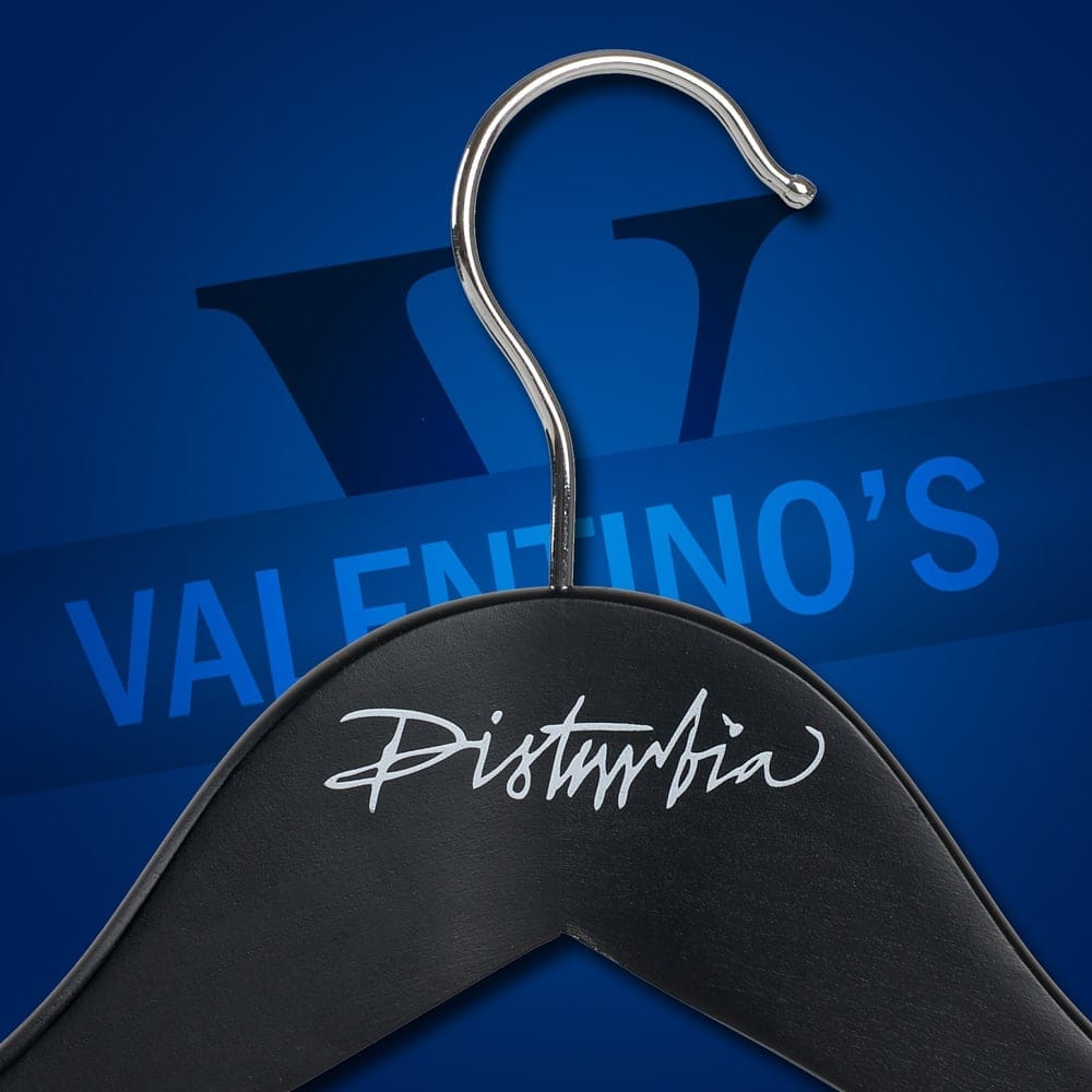 Logo Hangers Printed for Disturbia | Custom Coat Hangers