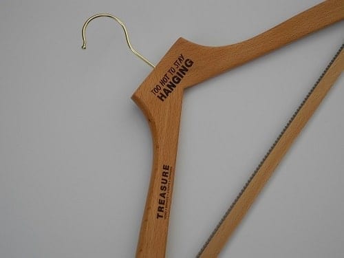 Etched Logo on Wooden Clothes Hangers "Too Hot To Stay Hanging"