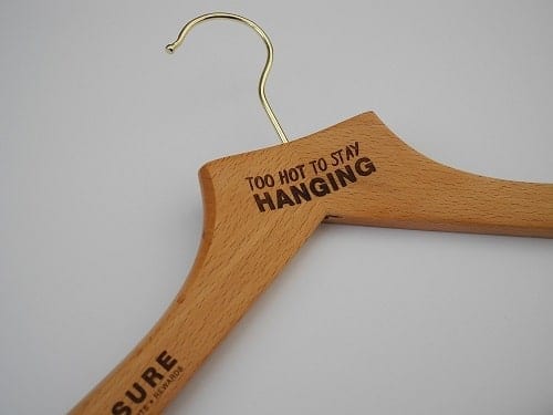 Etching on Wooden Coat Hangers "Too Hot To Stay Hanging"