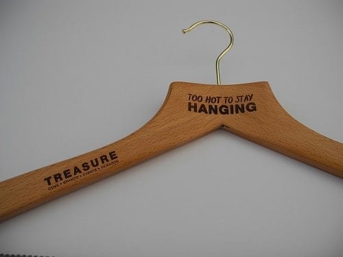 Lasered Etching on Wooden FSC Hangers "Too Hot To Stay Hanging"