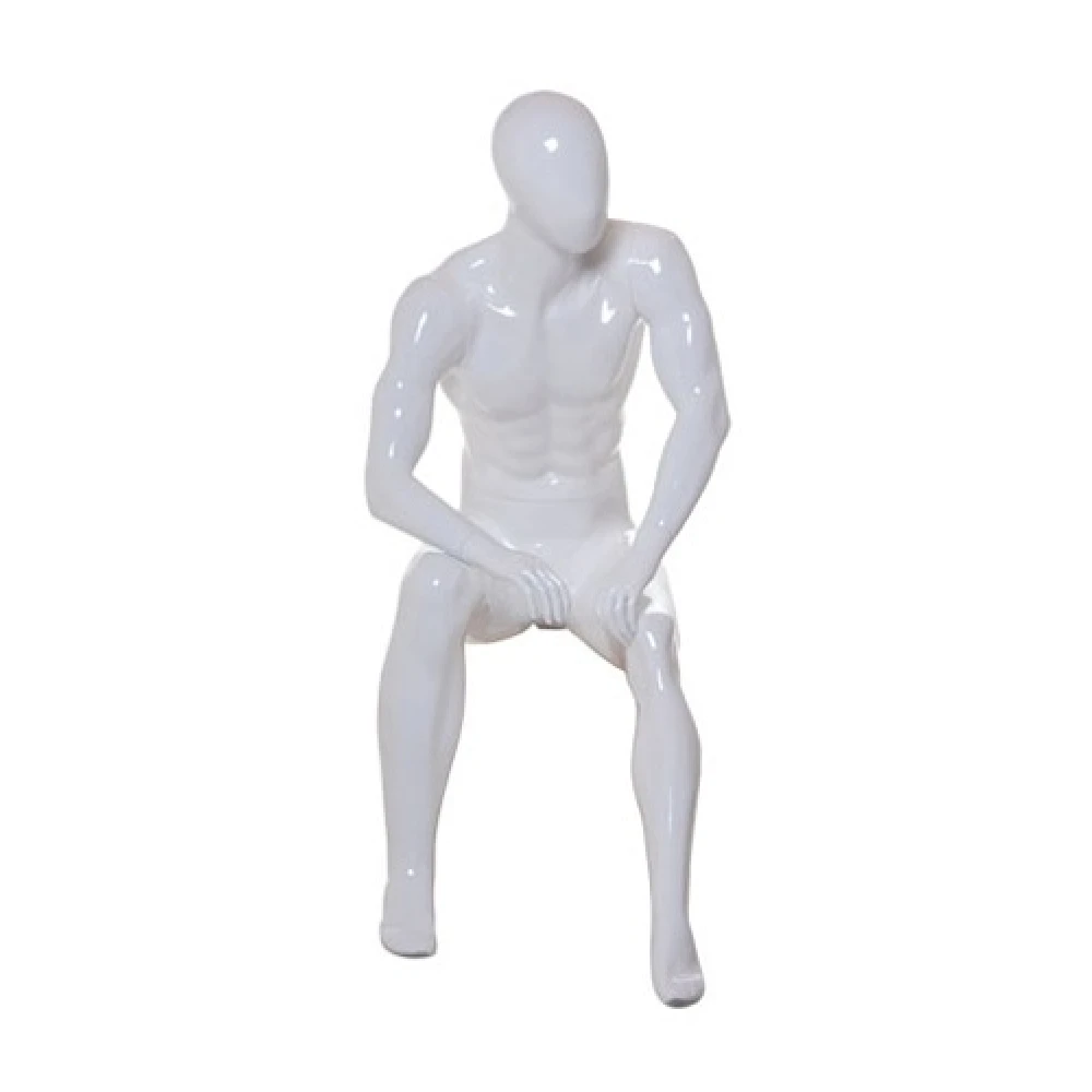 White Gloss Sitting Male Mannequin - Hands On Legs, Facing Sidewards - 70113