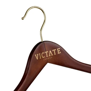 Walnut Wooden Coat Hangers With Gold Printed Logo - Victate
