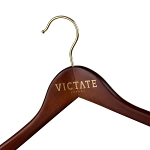 Walnut Wooden Coat Hangers With Gold Printed Logo - Victate