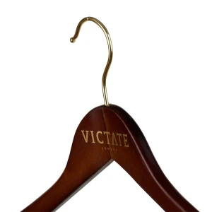 Walnut Wooden Coat Hangers With Gold Printed Logo - Victate