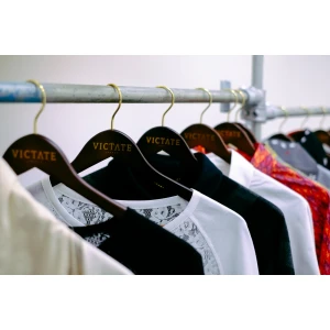 Walnut Wooden Coat Hangers With Gold Printed Logo - Victate