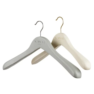 Male Grey and Womens Ivory Wooden Hangers Manufactured and Branded With Logo - N. Peal
