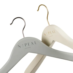 Male Grey and Womens Ivory Wooden Hangers Manufactured and Branded With Logo - N. Peal