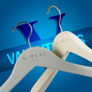 Male Grey and Womens Ivory Wooden Hangers Manufactured and Branded With Logo - N. Peal