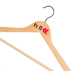 Natural Wooden Coat Hangers, Branded With A Black and Red Print Logo - H11