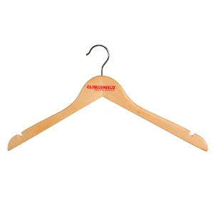 Natural Wooden Coat Hangers, Branded With A Red Print Logo - Climashield