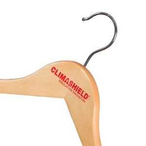 Natural Wooden Coat Hangers, Branded With A Red Print Logo - Climashield