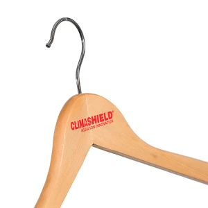 Natural Wooden Coat Hangers, Branded With A Red Print Logo - Climashield