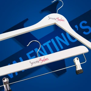 Custom, Printed White Wooden Hangers Branded With Pink/Purple Logo - Strictly Babes