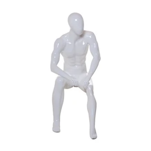 White Gloss Sitting Male Mannequin - Hands On Legs, Facing Sidewards 70113