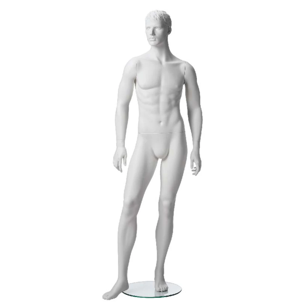 White Matt Male Mannequin - Hands at Side, Right Leg Forward 70204
